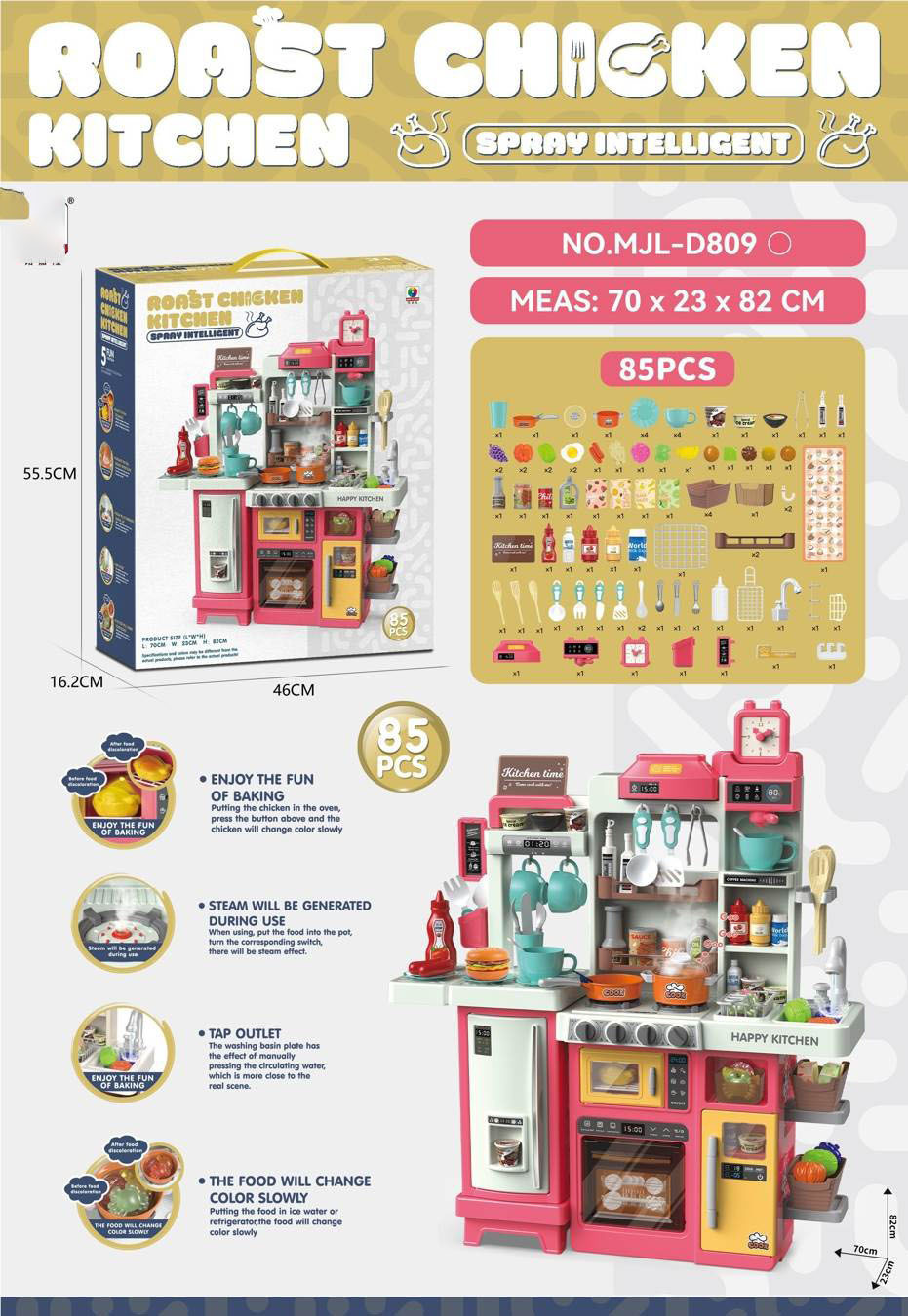 Niños transfronterizos en casa simulación de mini cocina simulación de cocina spray mesa de comedor ajuste de alimentos cambiantes de color