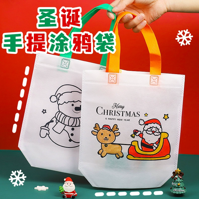 Мультяшная Рождественская сумка-тоут с граффити, детская ручная работа, живопись, цветное наполнение, Нетканая сумка, Рождественский подарочный пакет