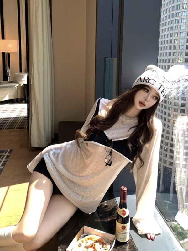 假两件上衣女秋装设计感小背心拼接撞色圆领宽松休闲正肩长袖T恤|undefined