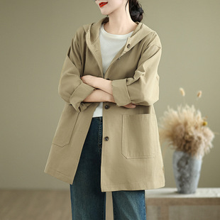 Autumn 2025 New Women's Top Loose Trenchcoat Hooded Coat Maillard Vintage Coat Women