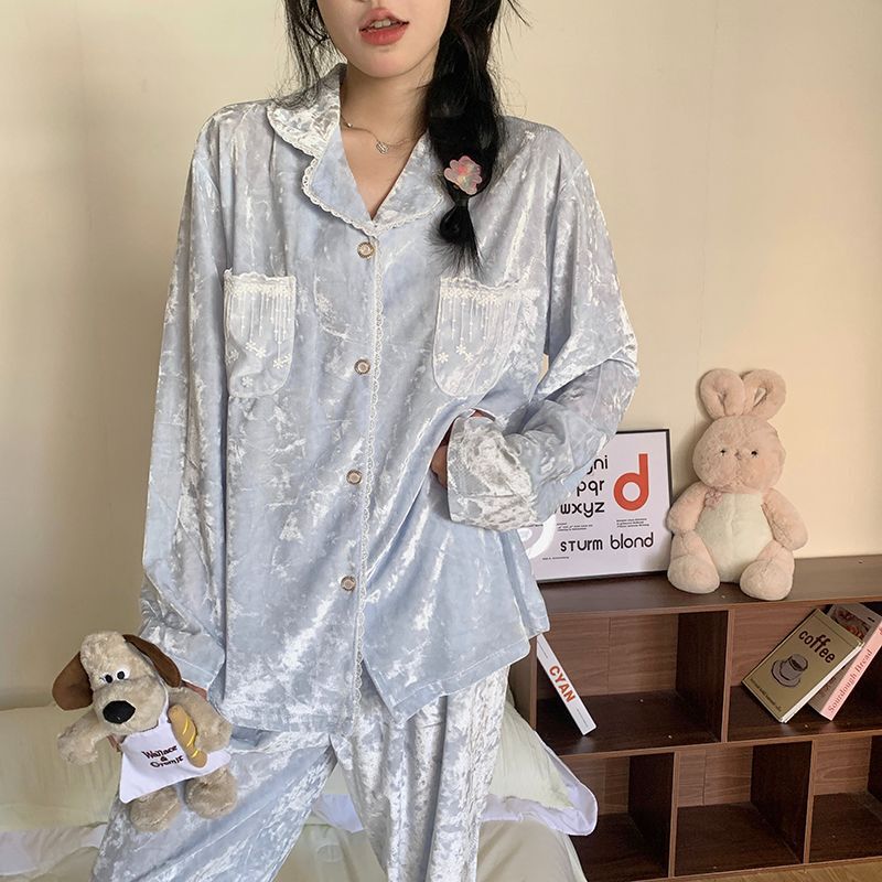 金丝绒睡衣女款秋冬季韩系甜美ins开衫长袖套装宽松可外穿家居服|undefined