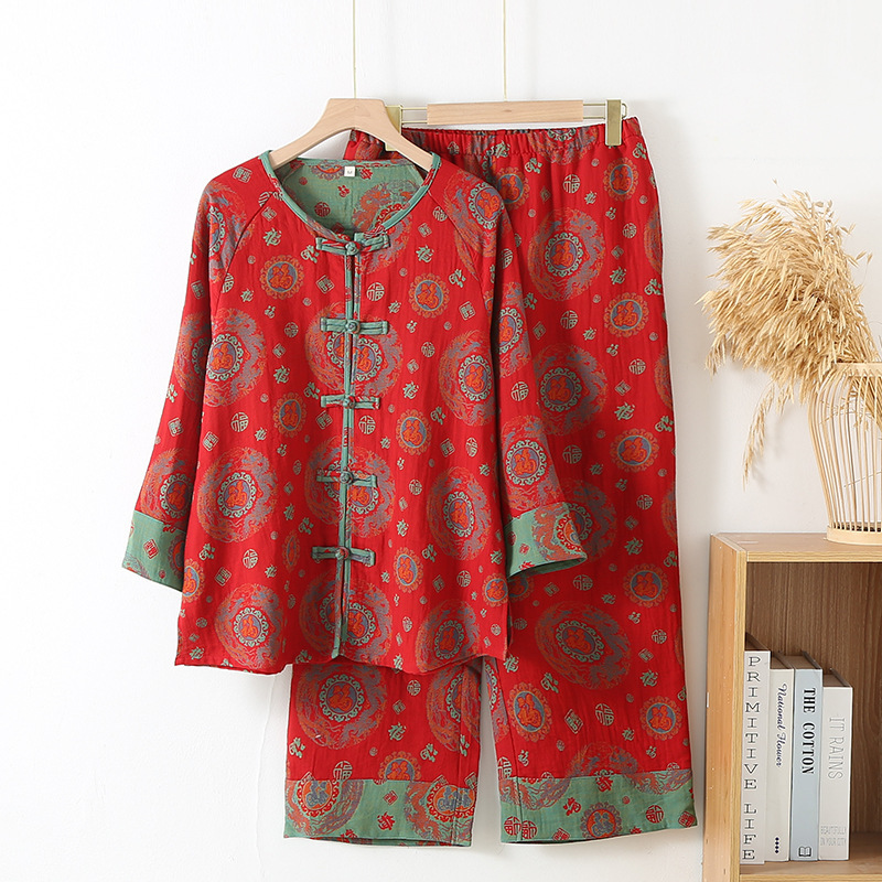 Chinese Style National Style Pure Cotton Double-Layer Gauze Women's Pajamas Spring and Autumn Natural Life Red Buckle Middle-aged and Elderly Home Clothes suit