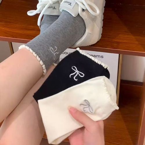 Breathable bubble mouth bowknot women's spring and winter versatile thin crew socks sweat absorbent stack socks