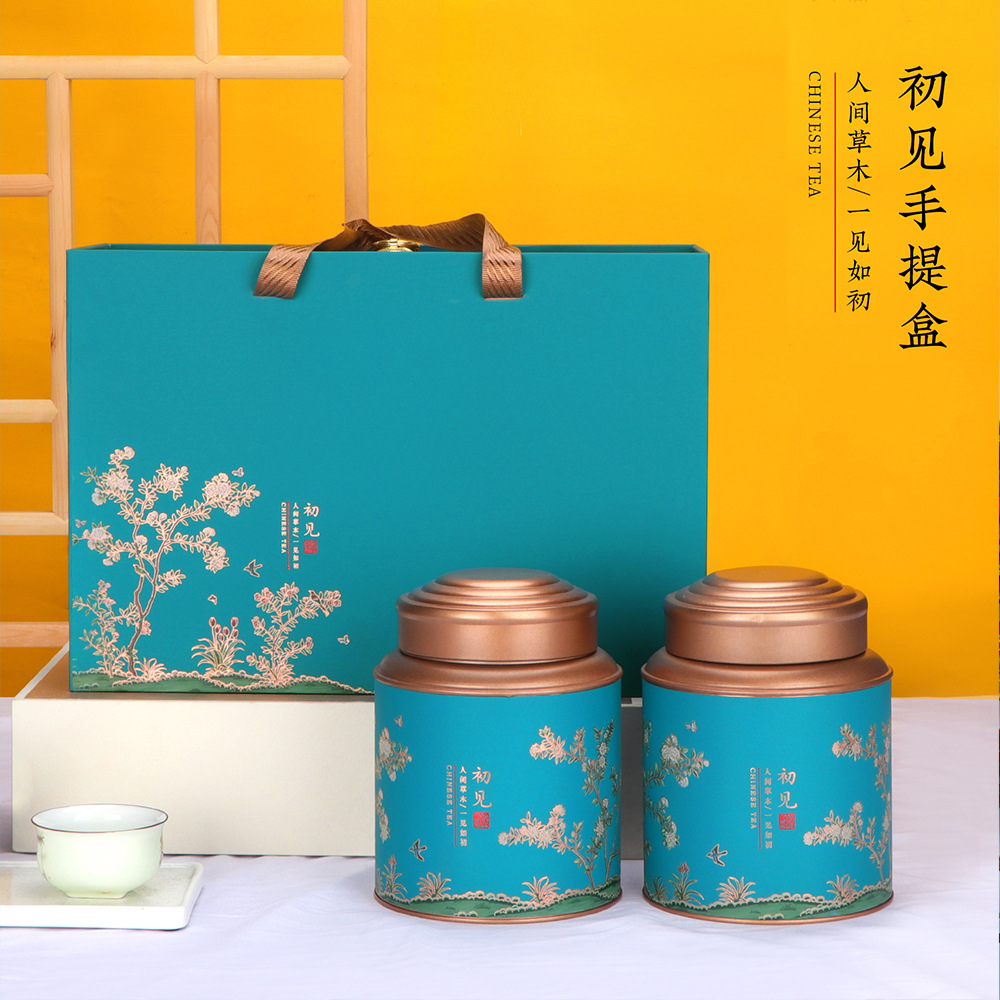 新款手提茶叶包装盒空礼盒二合一一斤装通用红茶绿茶马口铁罐直销