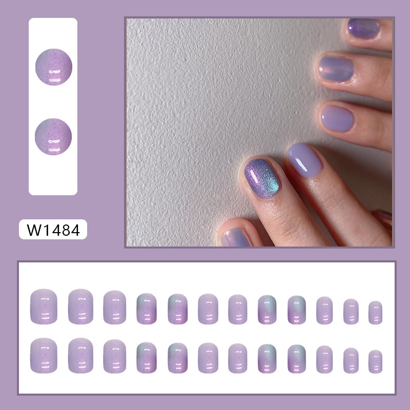 Dazzling Aurora Halo Dye Short Purple Nail Tips 24 False Nails_voghion.com