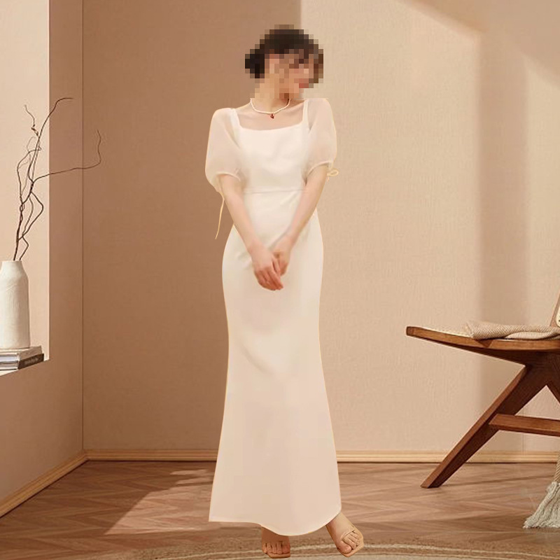 Korean Hot-Selling Cross-Border White Travel Photography Light Wedding Dress 2026 New Style Mesh Slimming Long Banquet Evening Dress Wholesale