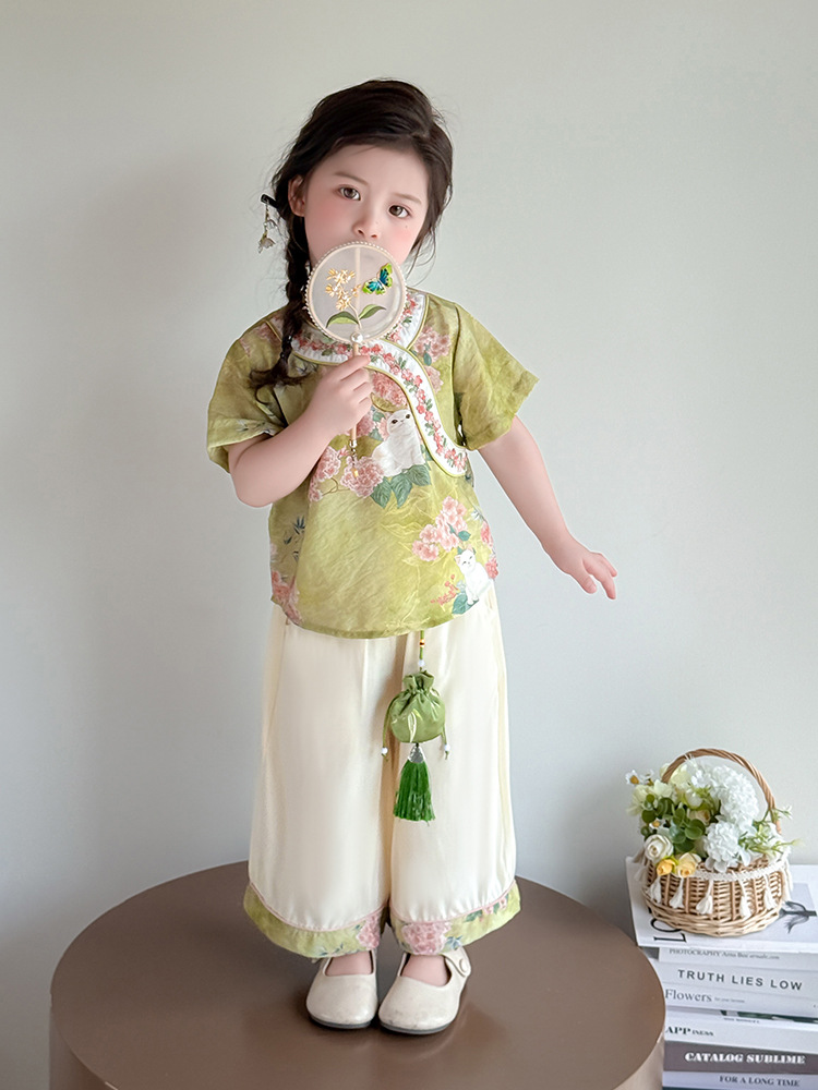 Hanfu niñas traje de estilo chino verano 2025 nuevos pantalones anchos para niños de dos piezas nuevo ropa china para bebés