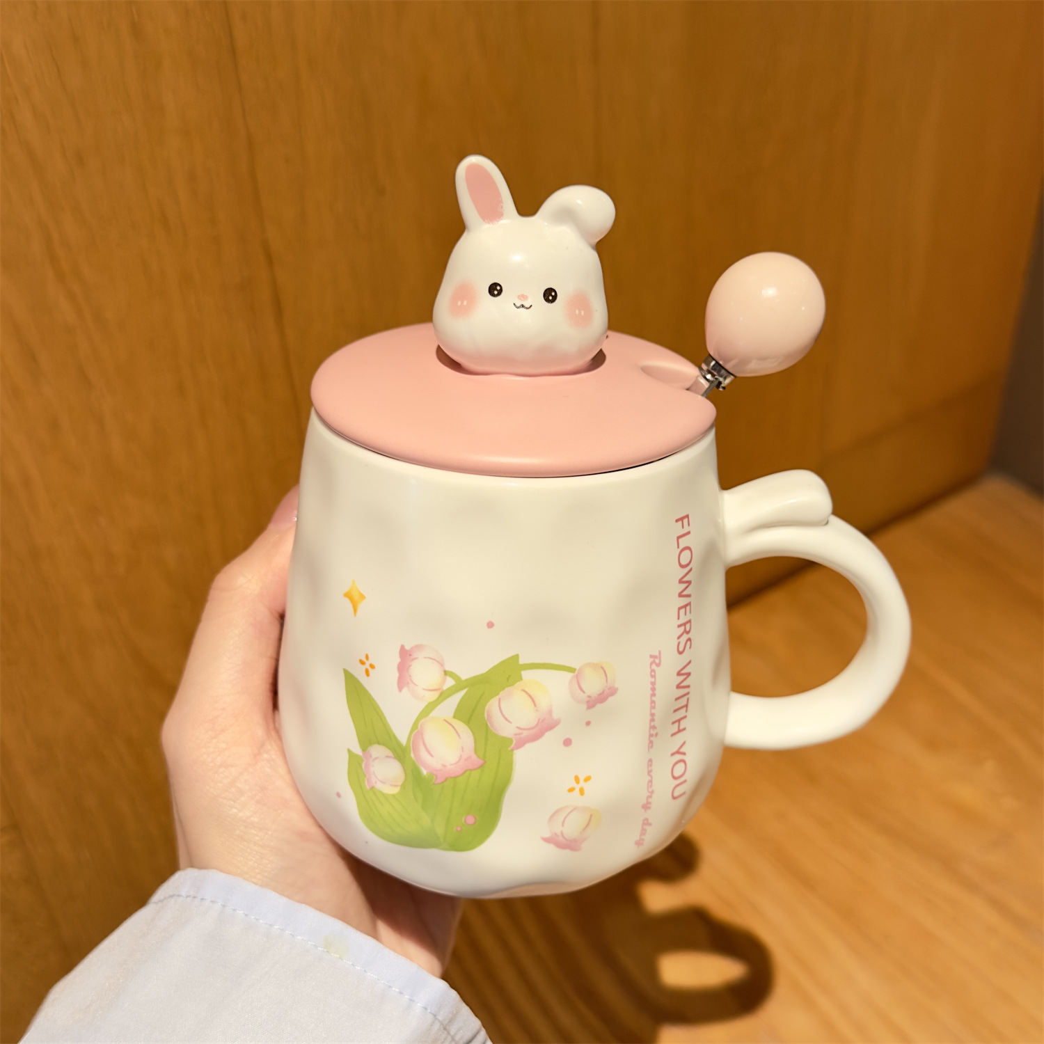 Lily of the valley rabbit cup+lid+spoon