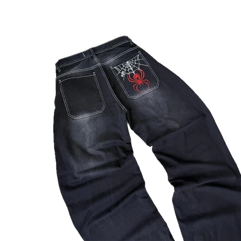 Impresión de tela de araña transfronteriza europea y americana estilo retro personalidad callejera de moda jeans jeans jeans jeans de piernas anchas