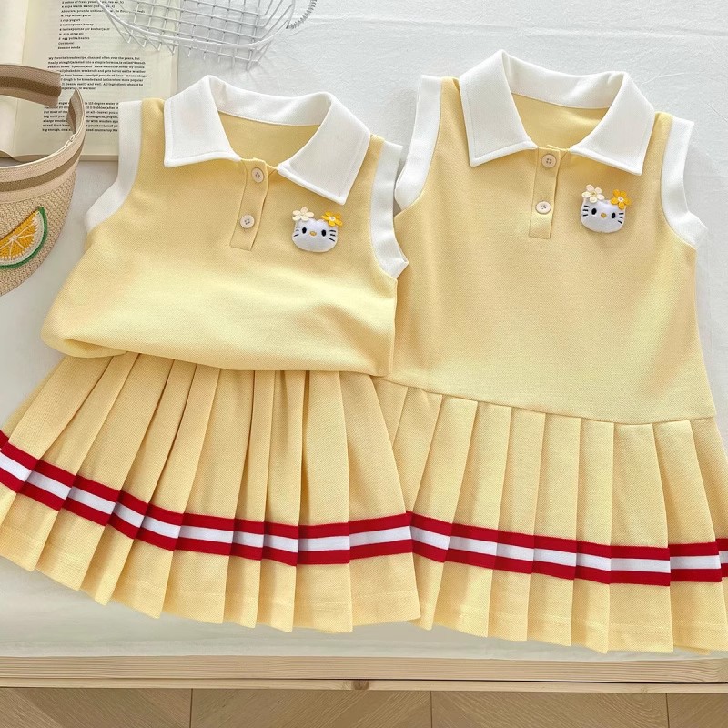 2025 summer new college style girls polo dress suit sister baby cartoon cat