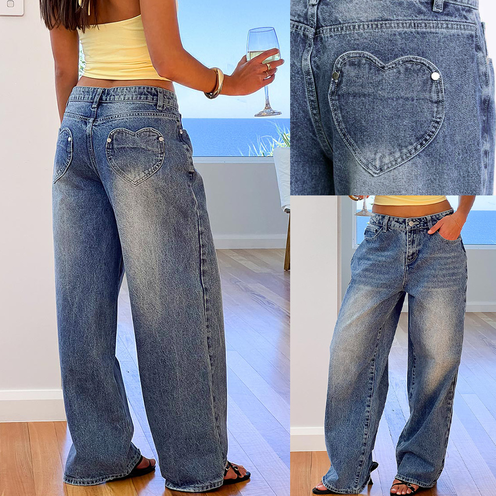 2026 Cross-Border New Vintage Washed Heart Pocket Wide-Leg Jeans Fashionable Loose Hot Girl Jeans for Women
