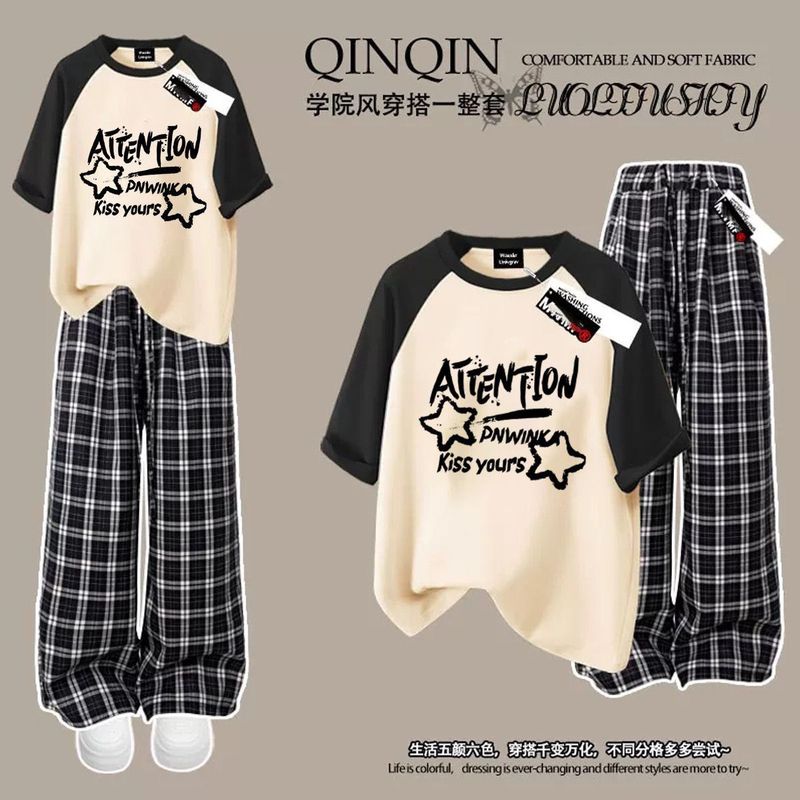 女子学生向けの夏の人気半袖Tシャツ単品/セット、甘いスタイル、ゆったりカジュアルなワイドパンツ、トレンドの2点セット|undefined