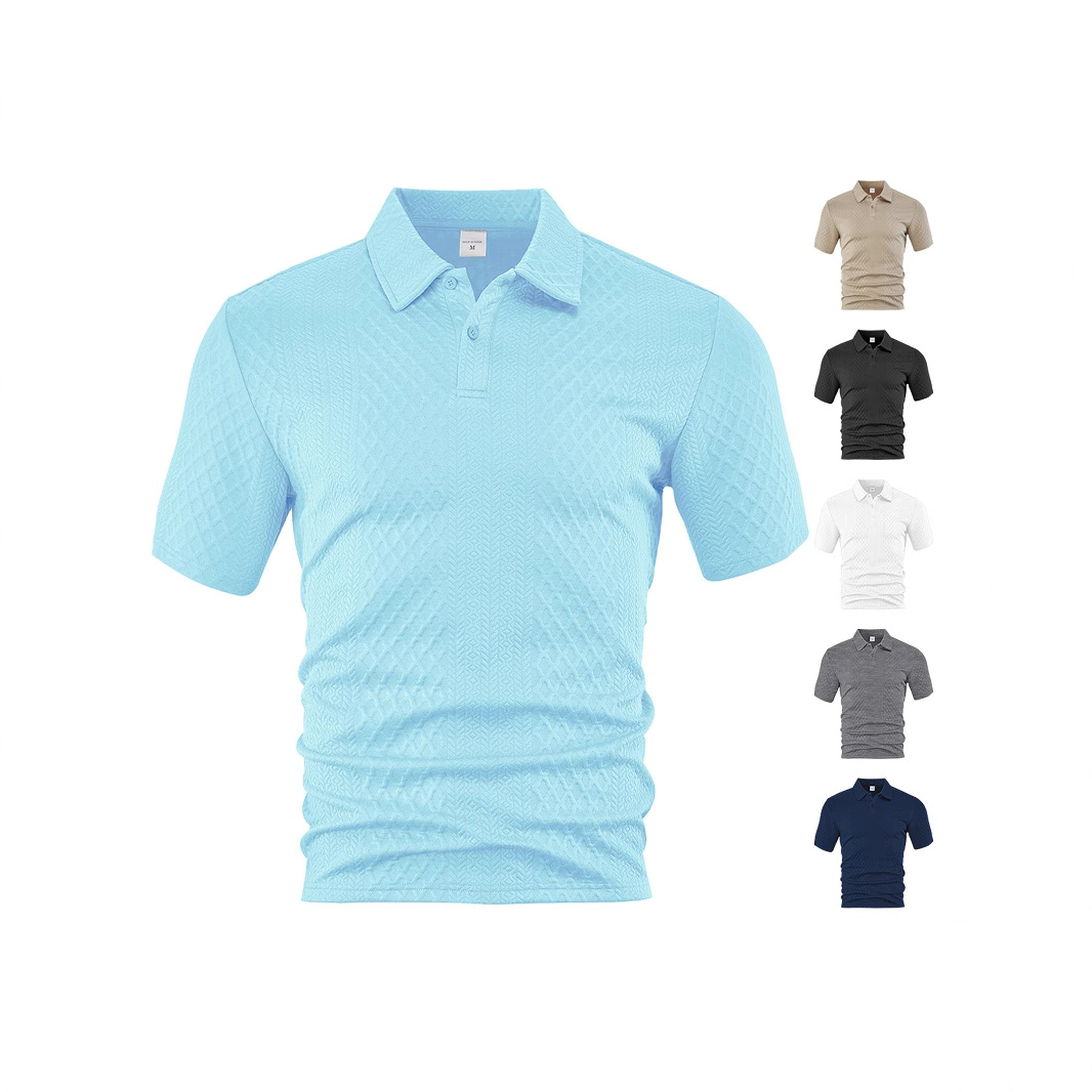 Ropa de hombre transfronteriza europea y americana estilo fino de verano suelto transpirable casual color sólido jacquard solapa camisa polo de hombre de manga corta