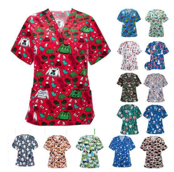 2021 cross-border European and American popular Christmas women's nursing shirt casual short-sleeved V-neck pocket women's nursing clothes