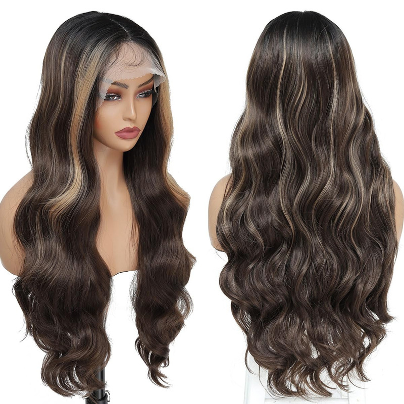 European and American dark brown mixed blonde wig women's mid-part curly high gloss wig natural soft synthetic fiber