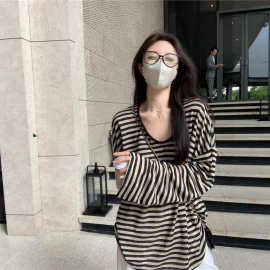 慵懒风条纹长袖防晒T恤女2025新款春季chic穿搭宽松罩衫薄纱上衣