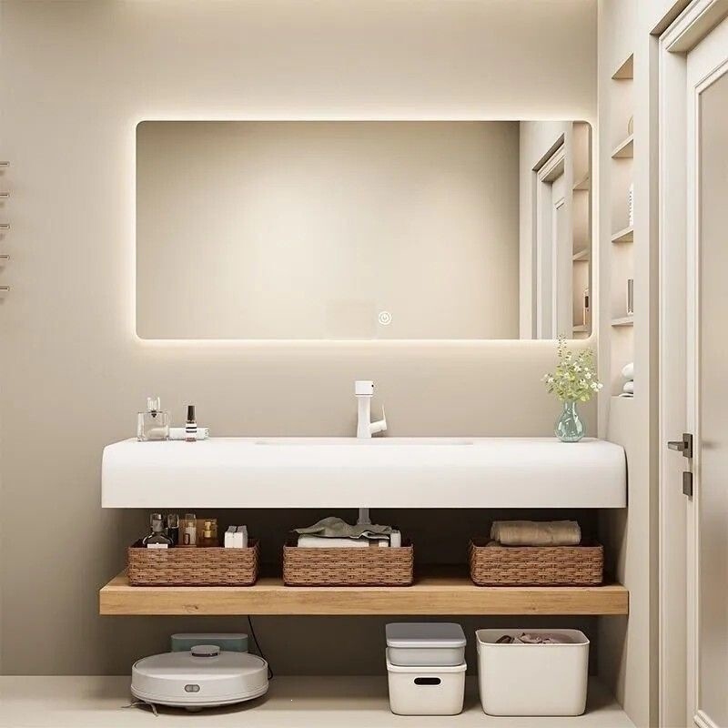 Smart Corian Skin-Touch Integrated Washbasin, Natural Wood Color Japanese-Style Bathroom Cabinet, Bathroom Vanity Combination Cabinet Smart Corian Skin-Touch Integrated Washbasin, Natural Wood Color Japanese-Style Bathroom Cabinet, Bathroom Vanity Combination Cabinet