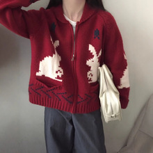 【垛襟】24冬濮院韩版拉链翻领兔子提花毛衣开衫女秋冬外穿