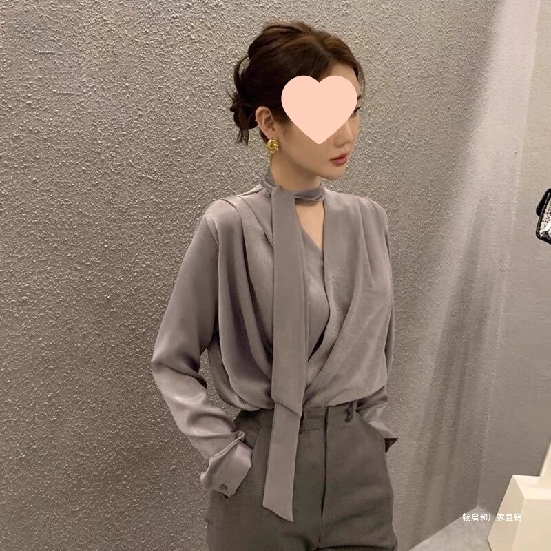 Sensual Acetate Satin Shirt for Women, Spring and Autumn Light Luxury Professional Commuting Flutter Collar Shirt, French Style Stunning Top