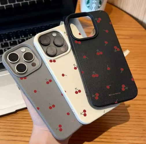 Чехол для iPhone 16 Pro Max, Apple 15 Pro, Apple 14, стиль японской и корейской моды, маленькая вишня, кожаная текстура, премиум-качество.