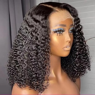 European and American Ladies Front Lace Wig, Black Medium-Parted Small Tube, Short Curly Hair, Chemical Fiber High-Temperature Silk Wig