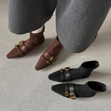 配裙子超美~皮带扣绒面瘦瘦靴2025冬粗低跟小方头方扣弹力短靴女