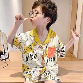 儿童睡衣男童夏季薄款冰丝空调服12-15岁大童热天亲子家居服套装