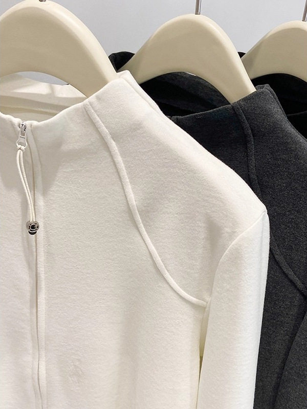 Áo khoác cardigan nữ dáng ôm cổ lọ nửa, khóa kéo đôi, tay dài, chất nhung Đức dày — màu xám đậm, màu đen, quả mơ