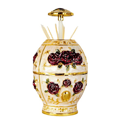 Color electroplated automatic pop-up toothpick holder for guest tea room and restaurant with three flat bottom egg-shaped toothpick holders with roses
