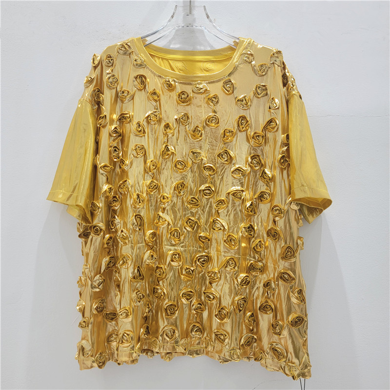 Ingeniería pesada europea y americana estampado estereo flor de cuello redondo camiseta de nicho diseño explosivo callejera camisa de manga corta