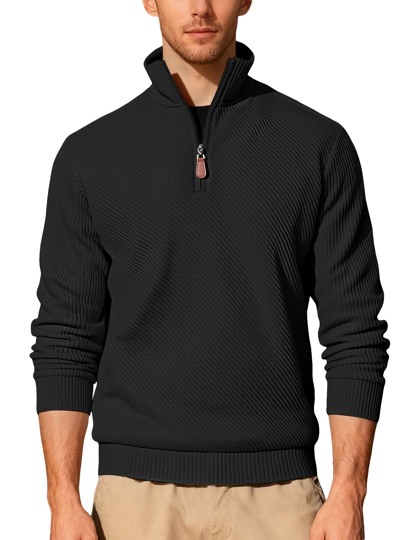 Amazon otoño y invierno nuevo color sólido transfronterizo hombre semi-cremallera velcro cuello casual camisa de manga larga en stock para hombres