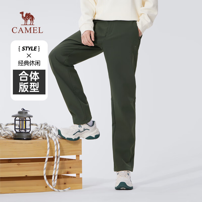 Camel Camel Men's Straight Casual Pants Men's Winter Velvet Warm Outdoor Water-Repellent Woven Soft Shell Pants