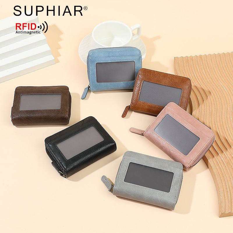 Bolso de órgano con cepillo antirrobo de cuero PU-transfronterizo, monedero simple de gran capacidad multifuncional, cartera de tarjetas RFID