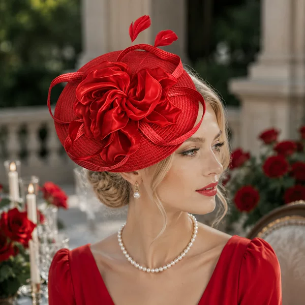 English-style straw hat with satin flowers and feathers for banquets, horse races, tea parties, and bridal occasions, available in stock from the factory for wholesale