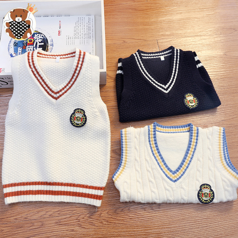 Entrega de una pieza [Jin Yong] ropa de primavera para niños y niñas estilo universitario Chaleco con cuello en V suéter Chaleco de punto para bebés