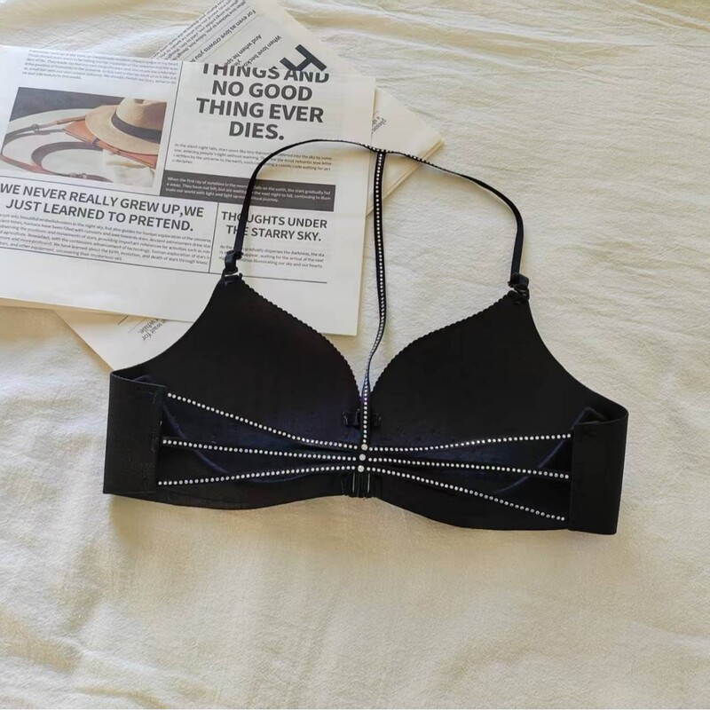 Front-clasp rhinestone embellished women's bra with beautiful back design, comfortable and non-wired, with side breast support, halter-neck style, sexy bra Front-clasp rhinestone embellished women's bra with beautiful back design, comfortable and non-wired, with side breast support, halter-neck style, sexy bra