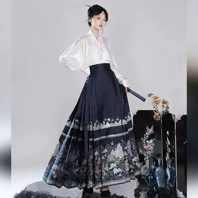 Новый 2024 год Sea Xianshan оригинальная печать новый китайский конский noodles skirt set aircraft sleeve sleeve daily popular Tongming mother