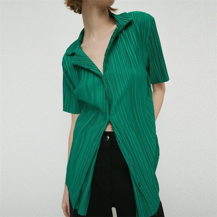 Summer Short Sleeve Loose Pleated Straight Leg Pants Two-Piece Set Sexy Complex Set Collar Sexy Set