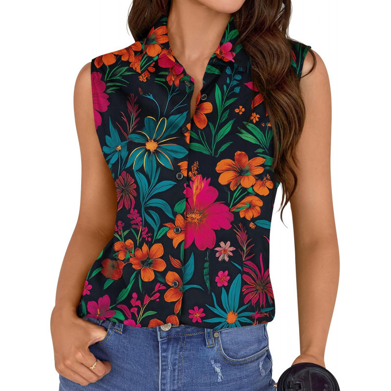 Amazon European and American Floral Sleeveless Button-Down Shirt for Women 2026 Summer New Style Vest Casual Work Top