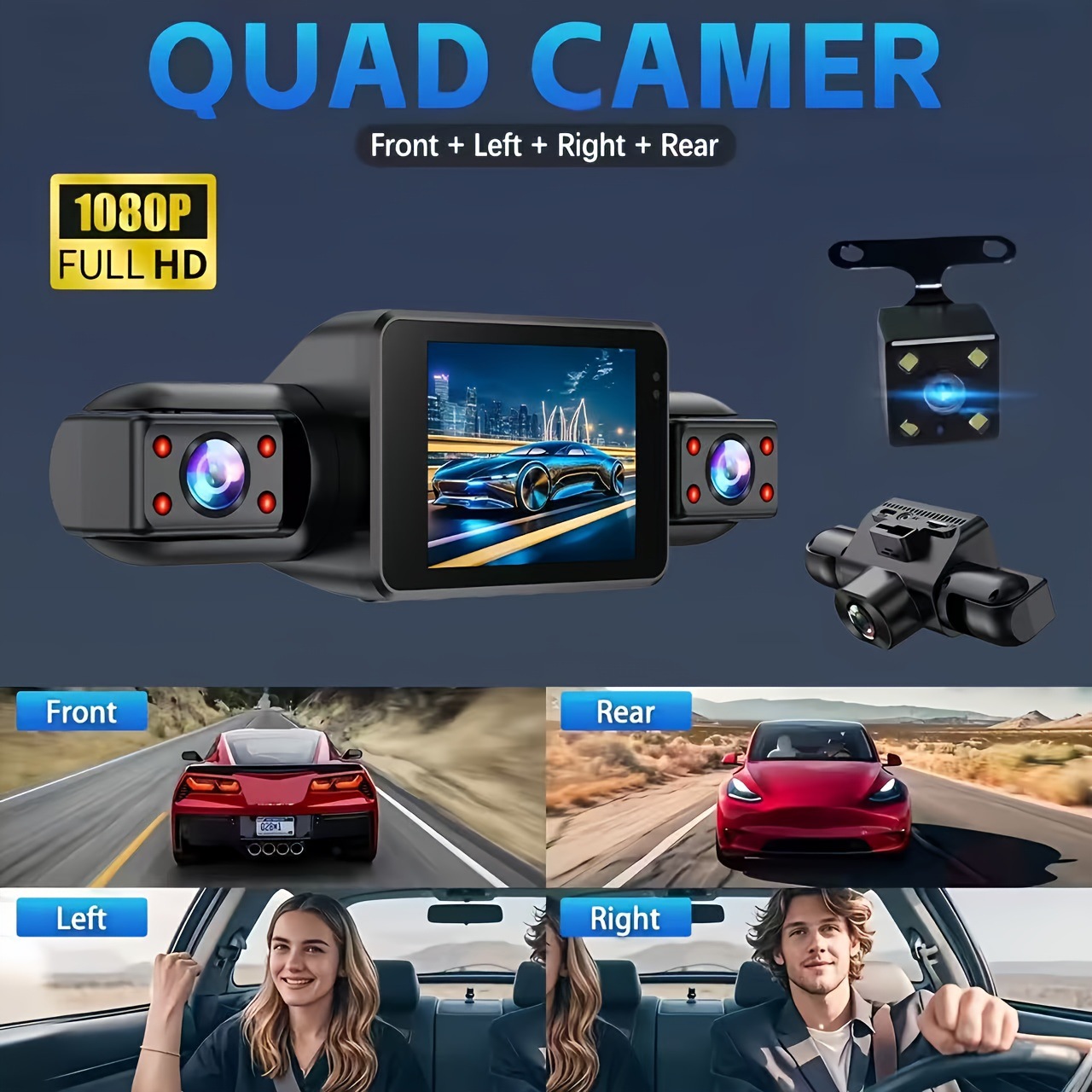 Four-lens panoramic dashcam 1080P HD WiFi connected parking monitoring car video recording device