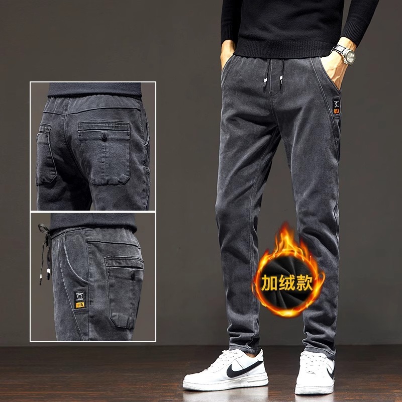 Otoño y invierno con jeans de lana para hombres calientes elásticos recto cintura elástica pantalones casuales de moda para hombres image 4