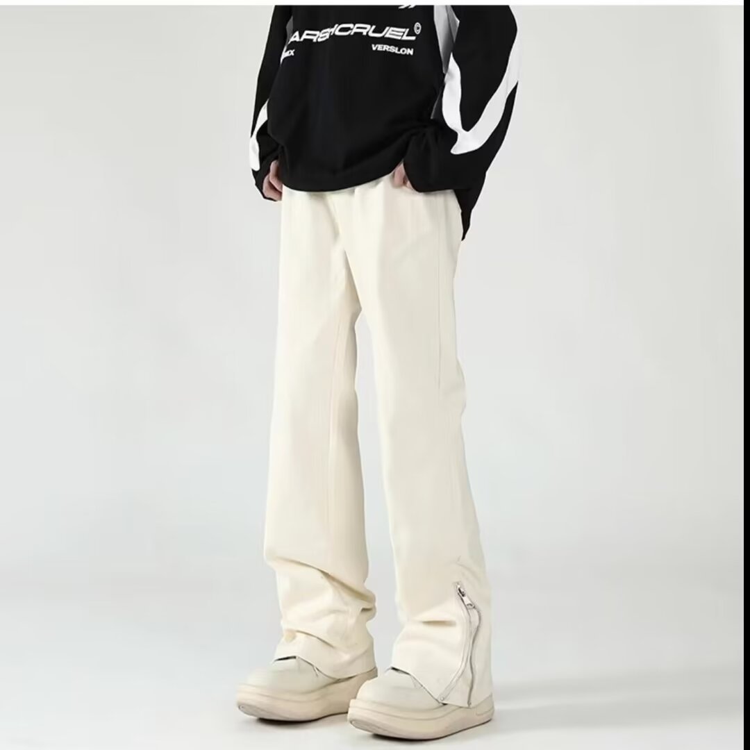 Vaqueros con cremallera desgastados lavados en la calle americana Primavera y otoño Pantalones largos de estilo vibe de moda holgados rectos para hombres