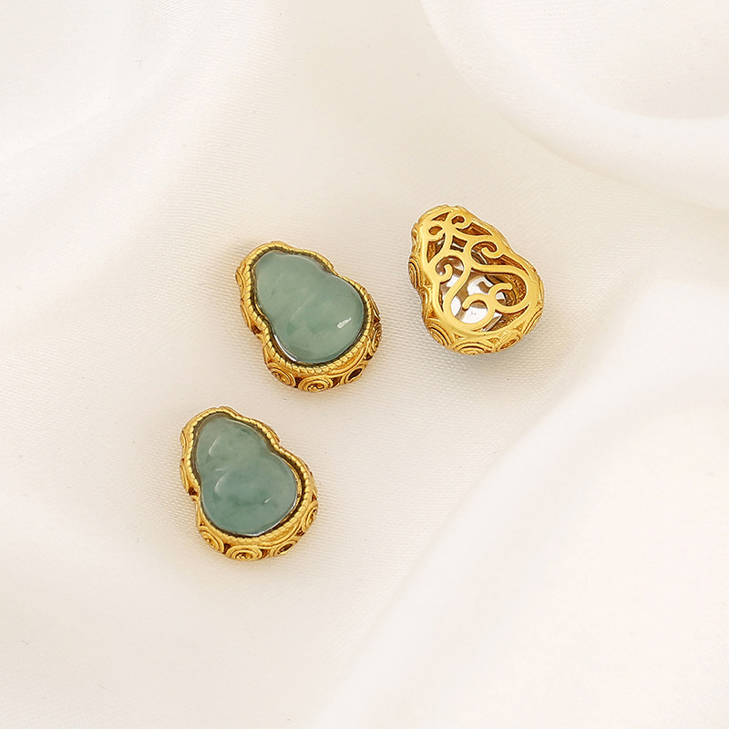 Inlaid with Natural Blue Water Jade, Gold-Plated Gourd Round Beads, Barrel Beads, Spacer Beads, Pendant DIY Bracelet Necklace Jewelry Accessories