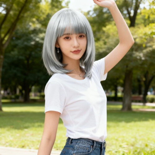 Female Ji Fa Style Wavy Bobo Headpiece Full Head Wig with Straight Fringe Student Simulation