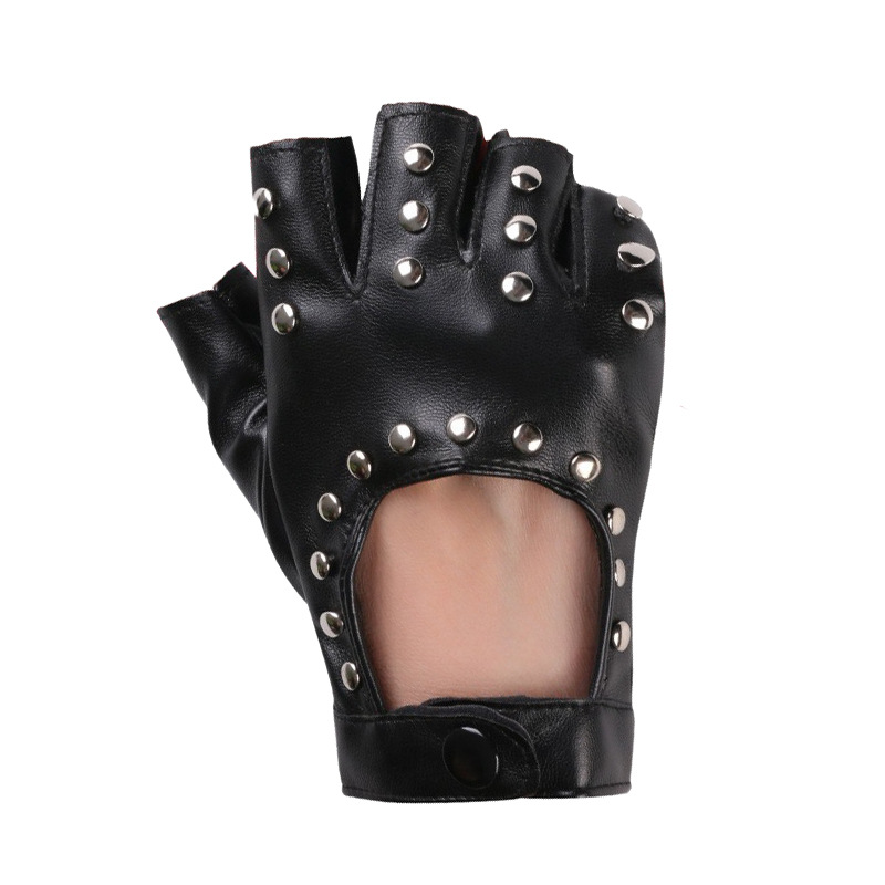 Danza de las mujeres guantes medio dedo rendimiento corto cyberpunk remache pole dance dedo abierto Hip Hop discoteca guantes de cuero