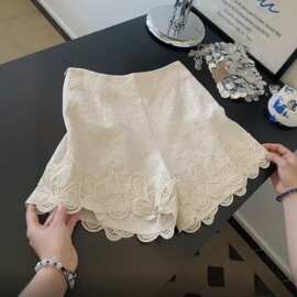 法式气质蕾丝花边拼接高腰短裤女夏季新款超好看休闲百搭直筒裤潮