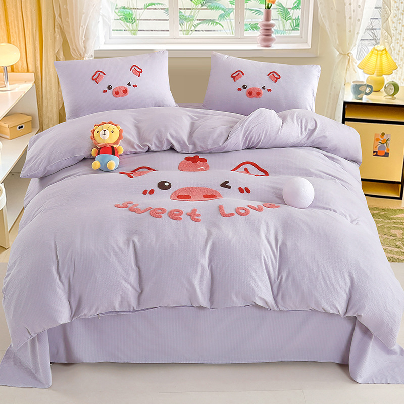 Toalla de algodón bordada Cute Pig - Púrpura