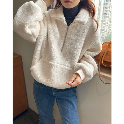 Wan Wei Lambswool Plush thickening Sweater winter Korean Edition Stand collar zipper Easy Show thin Fleece coat