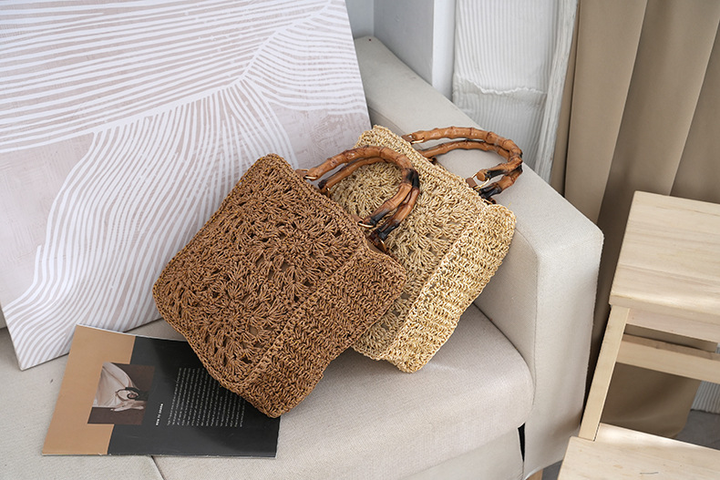 Strohtasche Mit Bambusgriff Und Blumen-applikation Für Damen_voghion.com