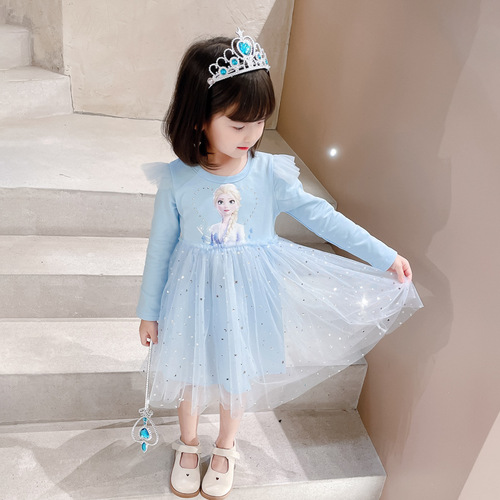 Girls Elsa Princess Dress Autumn 2024 New Baby Short Sleeve Dress Children's Fashionable Frozen Autumn Clothes